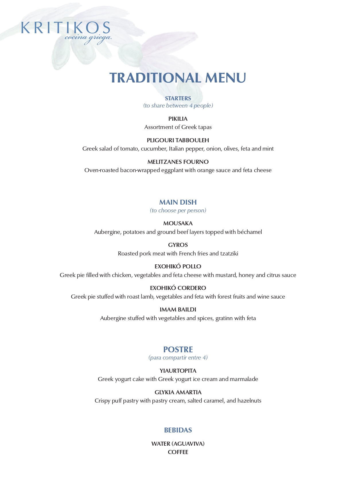 Groups Menu Traditional Kritikos Greek Restaurant