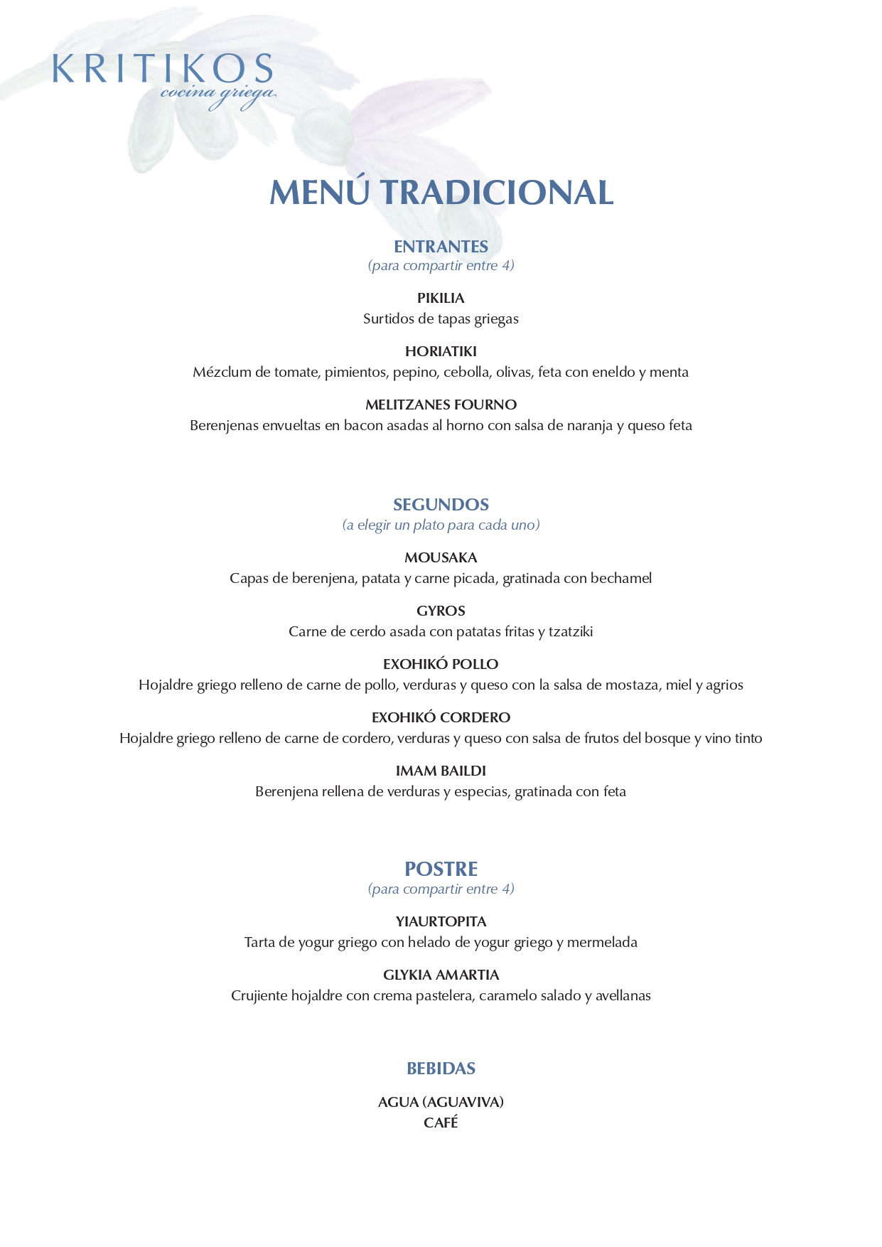 Menú para grupos tradicional Restaurante Griego Kritikos Chamberí
