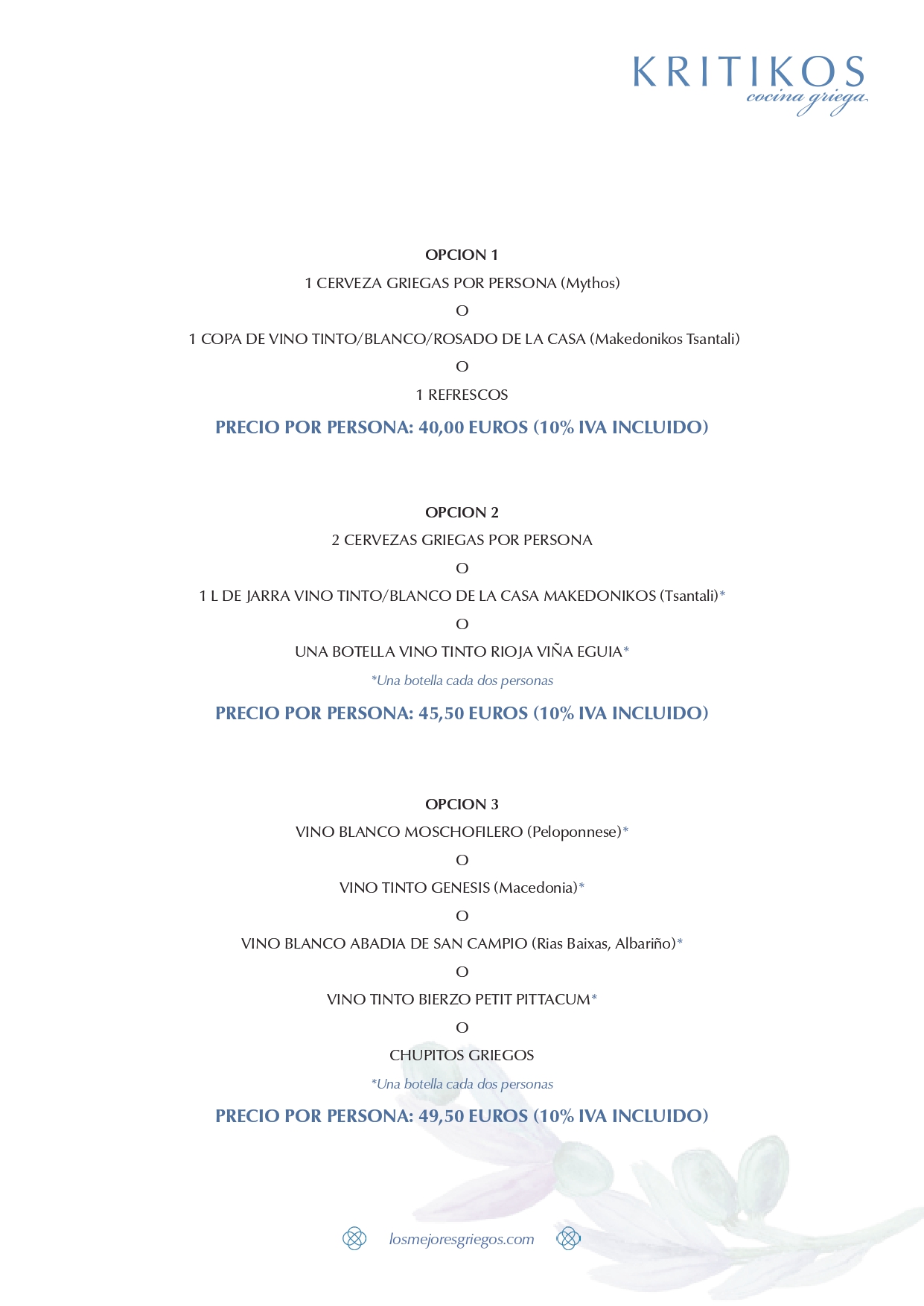 Menú tradicional para grupos Restaurante Griego Kritikos Chamberí